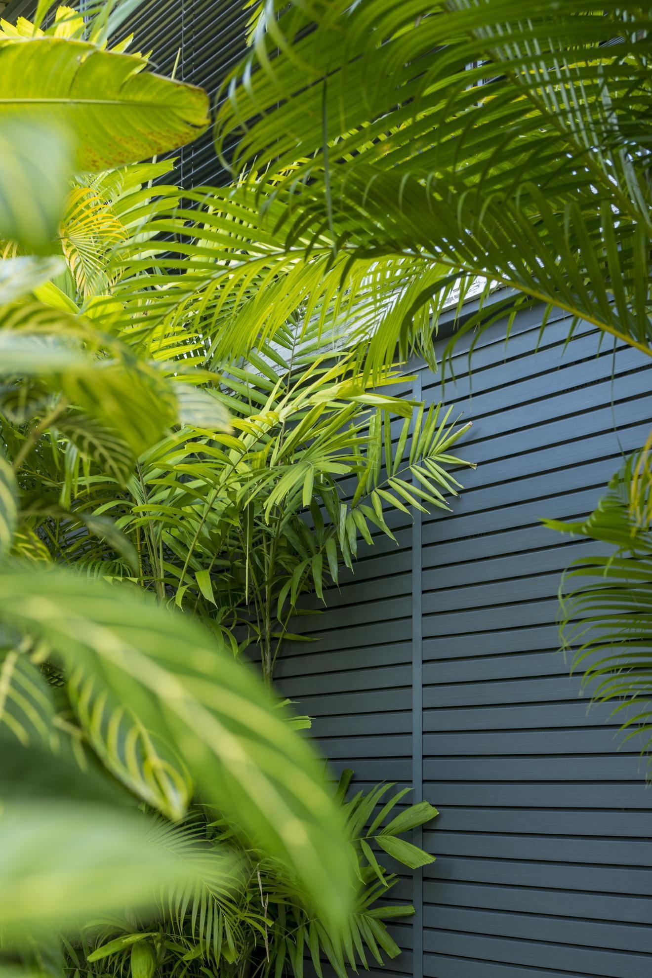 Sichtlatten-Verkleidung Silvadec in einer grünen Umgebung, zeigt den visuellen Effekt der Profile, die Licht- und Schattenspiele erzeugen und eine moderne, dynamische Fassade bieten