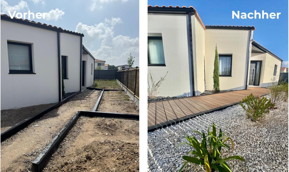 Vorher-Nachher-Fotos des Gartens und des Zugangsbereichs mit Silvadec Nuances Ipé Verbunddielen bei der Influencerin chanala10