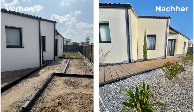 Vorher-Nachher-Fotos des Gartens und des Zugangsbereichs mit Silvadec Nuances Ipé Verbunddielen bei der Influencerin chanala10